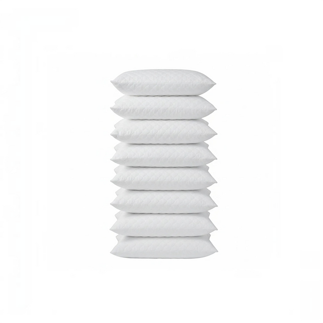 Madhome.ro set of 8 white quilted mini pillows, 40x40 cm, stacked vertically on a white background.