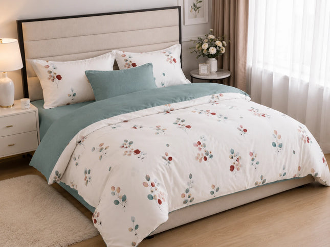 Lenjerie de pat Finet 6 piese cu husă elastic, floral alb – imagine 2