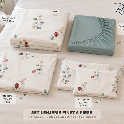 Lenjerie de pat Finet 6 piese cu husă elastic, floral alb – imagine 5