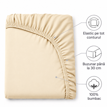 Cearșaf de pat cu elastic din jerseu, bumbac 100%, Crem