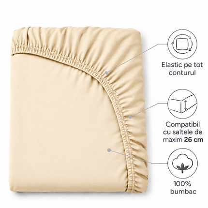 Cearșaf de pat cu elastic din jerseu, bumbac 100%, Crem