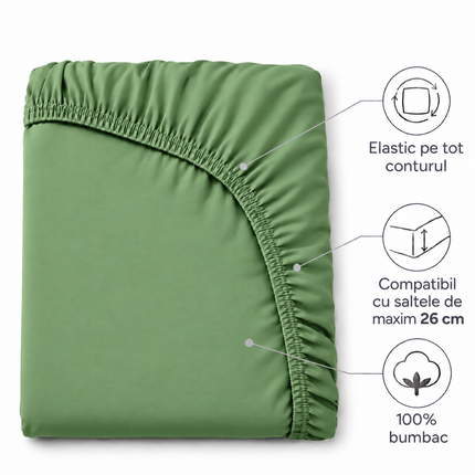 Cearșaf de pat cu elastic din jerseu, bumbac 100%, Verde