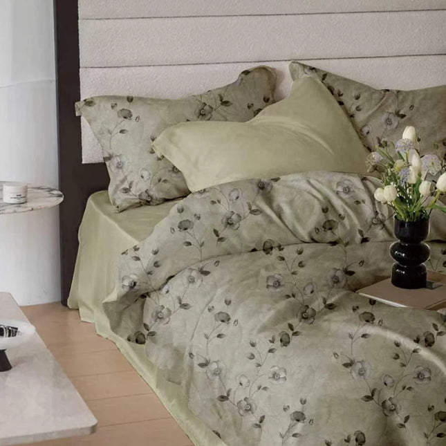 Lenjerie de pat Finet 6 piese cu husă elastic, floral verde – imagine 1