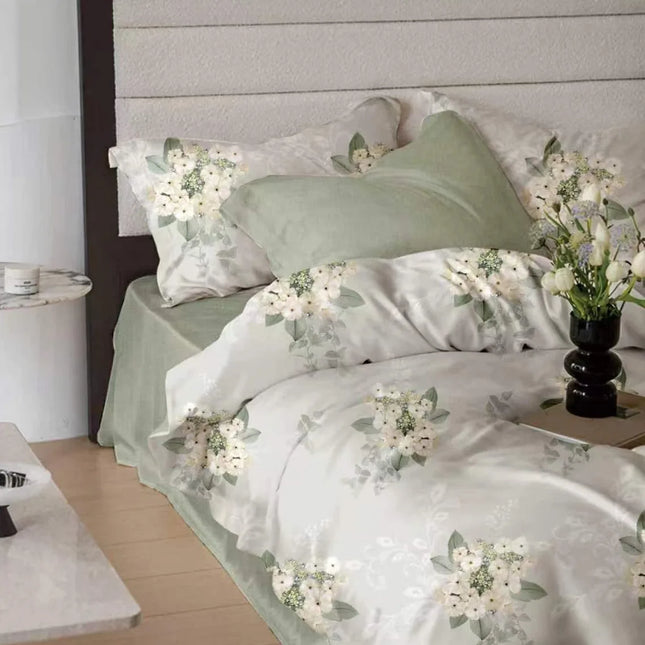 Lenjerie de pat Finet 6 piese cu husă elastic, floral alb – imagine 1