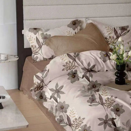 Lenjerie de pat Finet 6 piese cu husă elastic, floral bej – imagine 1