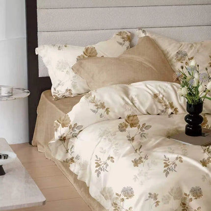 Lenjerie de pat Finet 6 piese cu husă elastic, floral bej – imagine 1