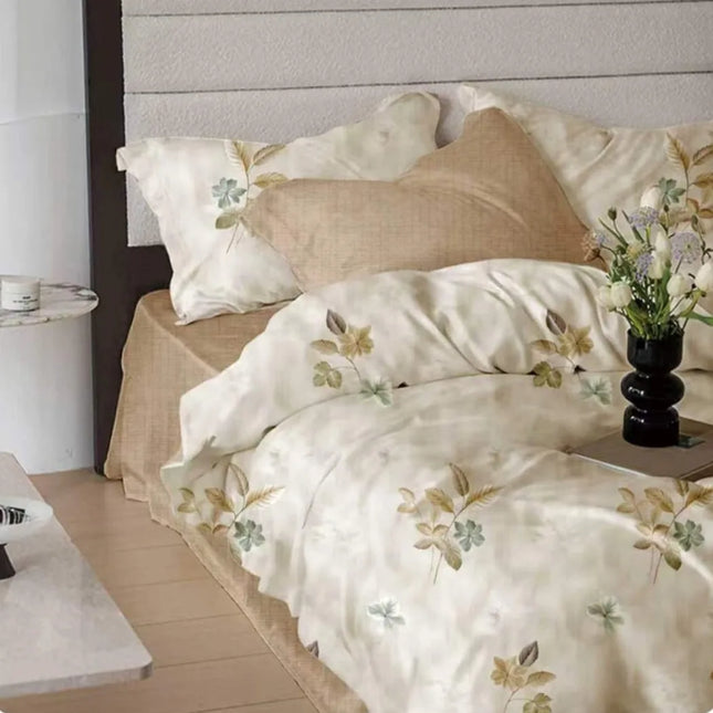 Lenjerie de pat Finet 6 piese cu husă elastic, floral bej – imagine 1