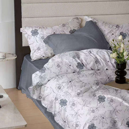Lenjerie de pat Finet 6 piese cu husă elastic, floral alb – imagine 1