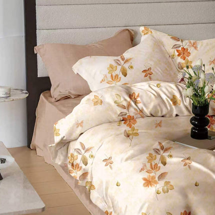 Lenjerie de pat Finet 6 piese cu husă elastic, floral bej – imagine 1
