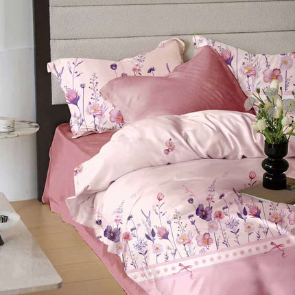 Lenjerie de pat Finet 6 piese cu husă elastic, floral roz – imagine 1