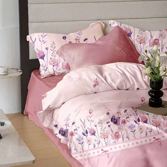 Lenjerie de pat Finet 6 piese cu husă elastic, floral roz – imagine 1
