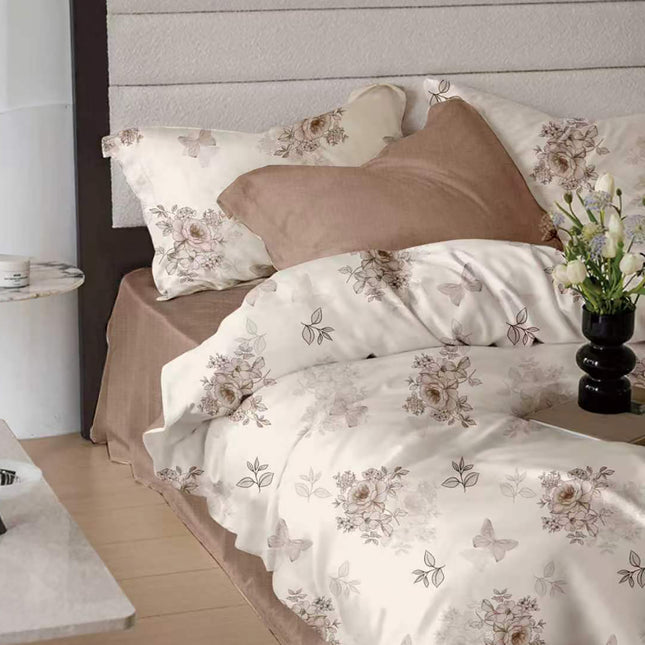 Lenjerie de pat Finet 6 piese cu husă elastic, floral bej – imagine 1