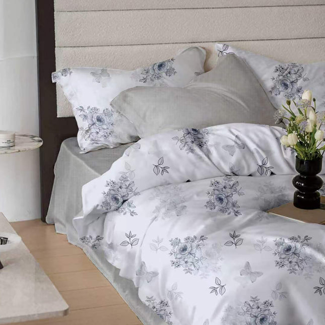 Lenjerie de pat Finet 6 piese cu husă elastic, floral alb – imagine 1