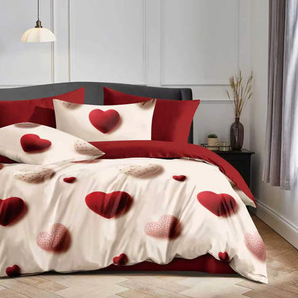 Lenjerie de pat Finet 6 piese cu husă elastic, inimioare roșu – imagine 1