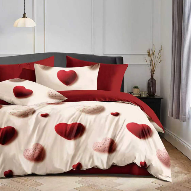 Lenjerie de pat Finet 6 piese cu husă elastic, inimioare roșu – imagine 1