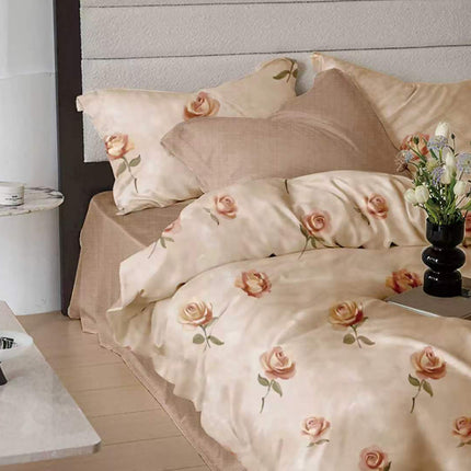 Lenjerie de pat Finet 6 piese cu husă elastic, floral bej – imagine 1