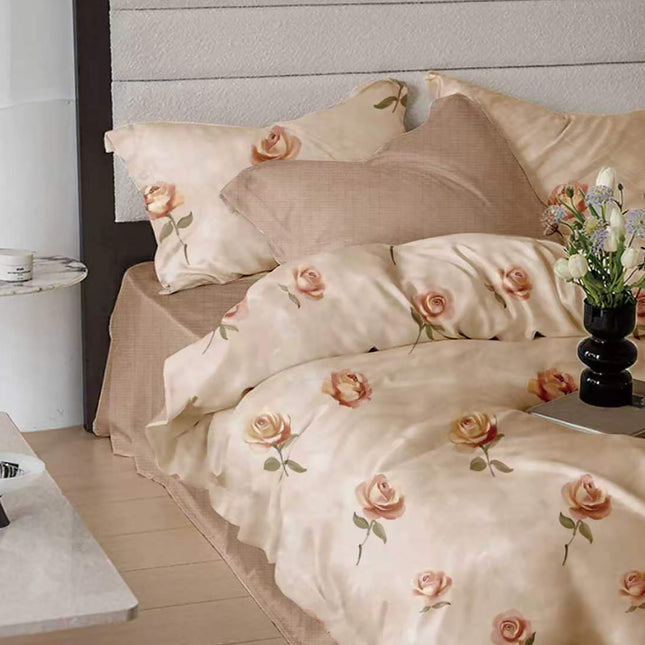 Lenjerie de pat Finet 6 piese cu husă elastic, floral bej – imagine 1