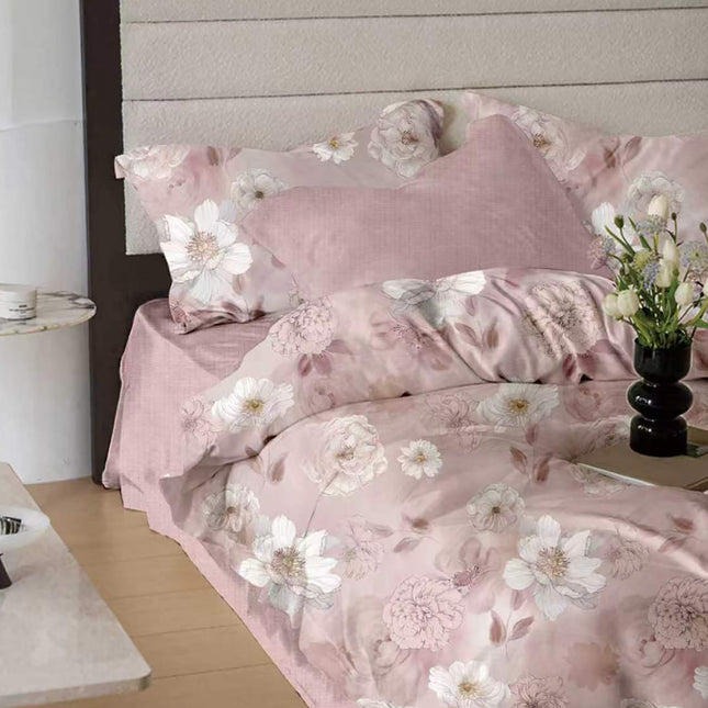Lenjerie de pat Finet 6 piese cu husă elastic, floral roz – imagine 1