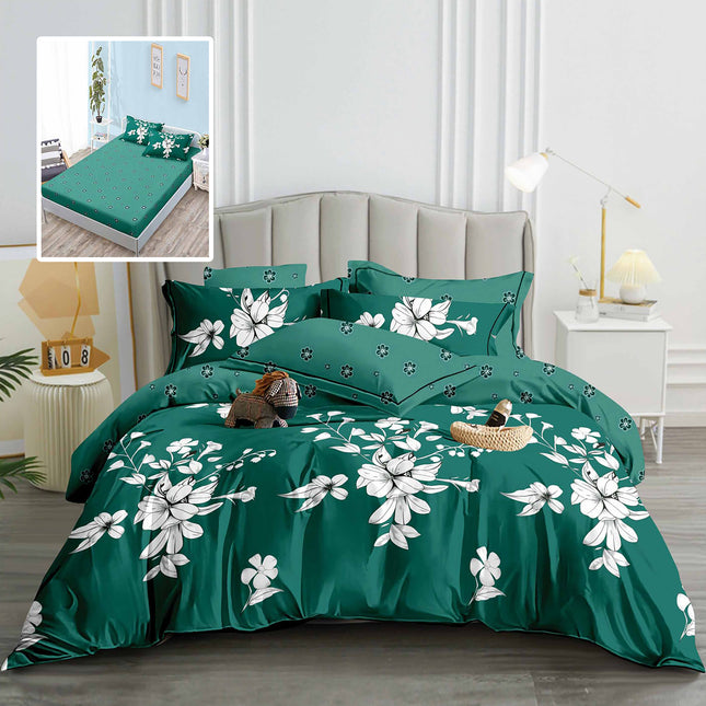 Lenjerie de pat Finet 6 piese cu husă elastic, floral verde – imagine 1