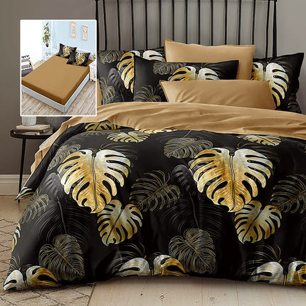Lenjerie de pat Finet 6 piese cu husă elastic, botanic negru – imagine 1