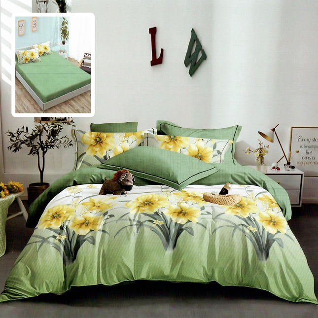 Lenjerie de pat Finet 6 piese cu husă elastic, floral verde – imagine 1