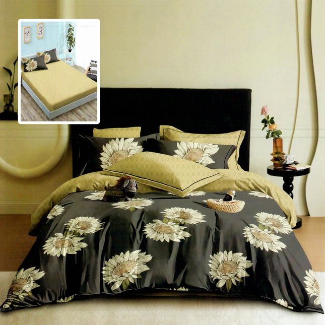 Lenjerie de pat Finet 6 piese cu husă elastic, floral negru – imagine 1