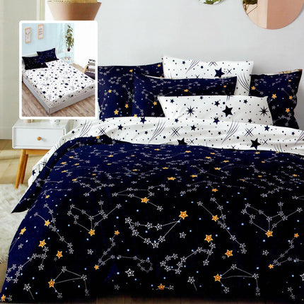 Lenjerie de pat Finet 6 piese cu husă elastic, stele bleumarin – imagine 1