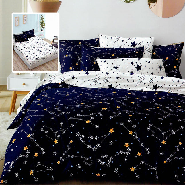 Lenjerie de pat Finet 6 piese cu husă elastic, stele bleumarin – imagine 1