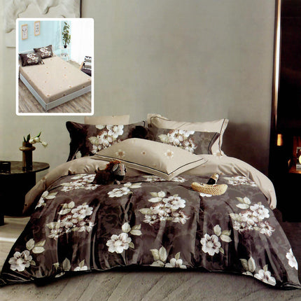 Lenjerie de pat Finet 6 piese cu husă elastic, floral maro – imagine 1
