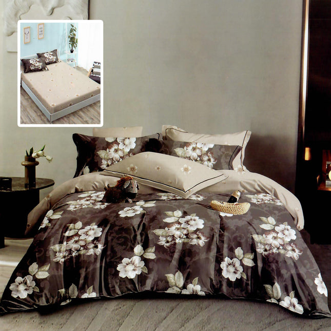 Lenjerie de pat Finet 6 piese cu husă elastic, floral maro – imagine 1