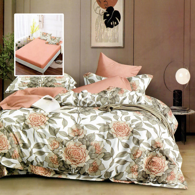 Lenjerie de pat Finet 6 piese cu husă elastic, floral alb – imagine 1