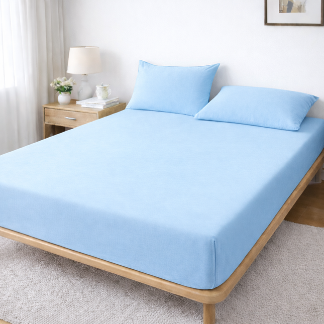 Husă de pat Jersey cu Elastic+ 2 Fețe de Pernă, Bleu, Bumbac, 100%