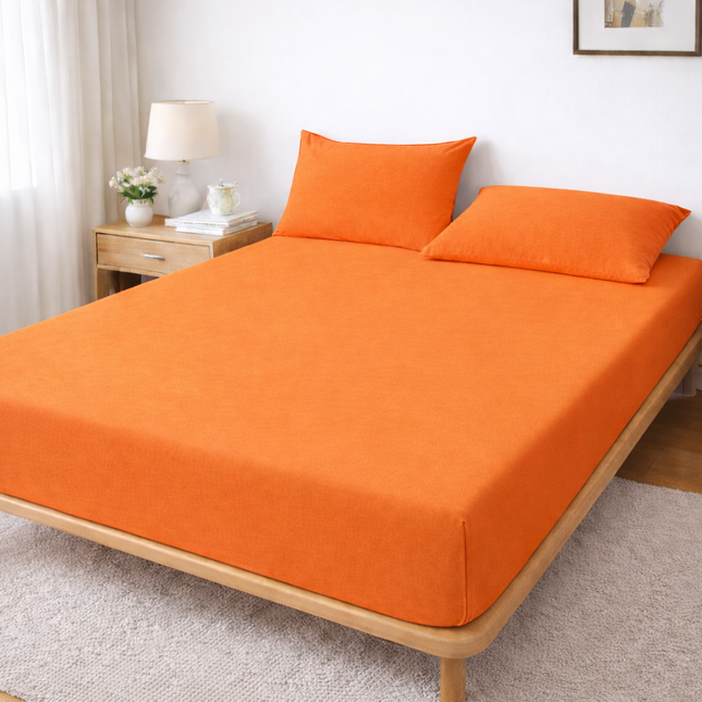 Husă de pat Jersey cu Elastic+ 2 Fețe de Pernă, Portocaliu, Bumbac, 100%