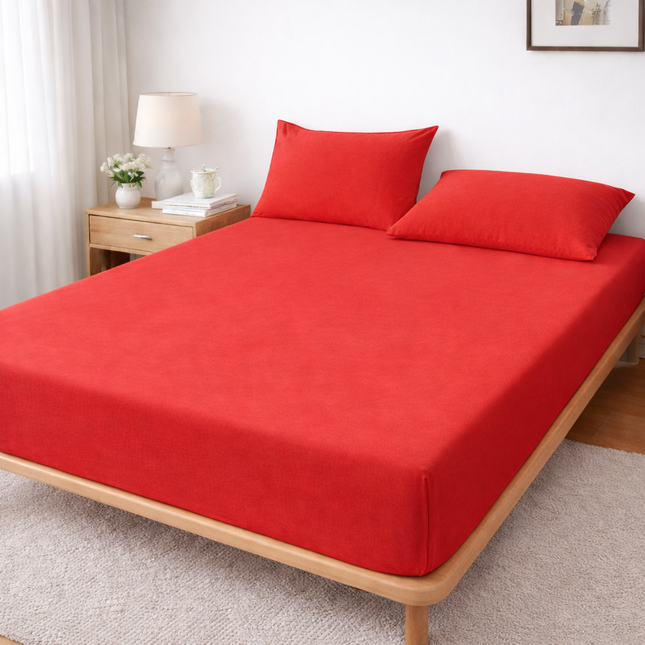 Husă de pat Jersey cu Elastic+ 2 Fețe de Pernă, Roșu, Bumbac, 100%