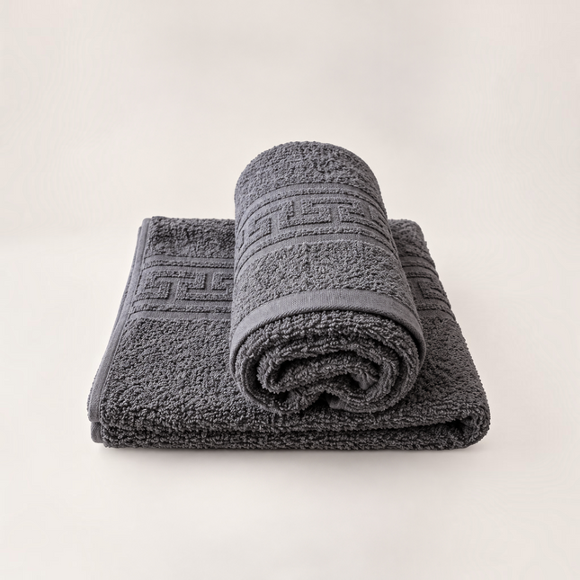 Set de 2 prosoape Madhome.ro gri antracit din bumbac 100% cu bordură grecească și densitate de 500 g/mp