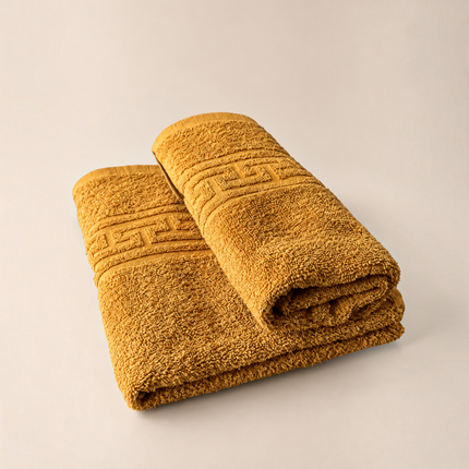 Set de 2 prosoape Madhome.ro culoarea muștar din bumbac 100% cu bordură grecească, 50x80 cm, densitate 500 g/mp