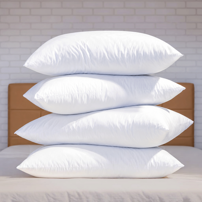 Set de 4 perne albe Madhome.ro 50x70 cm din microfibră hipoalergenică, stivuite pe un pat pentru un somn confortabil