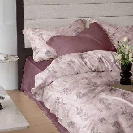 Lenjerie de pat Finet 6 piese cu husă elastic, floral roz – imagine 1