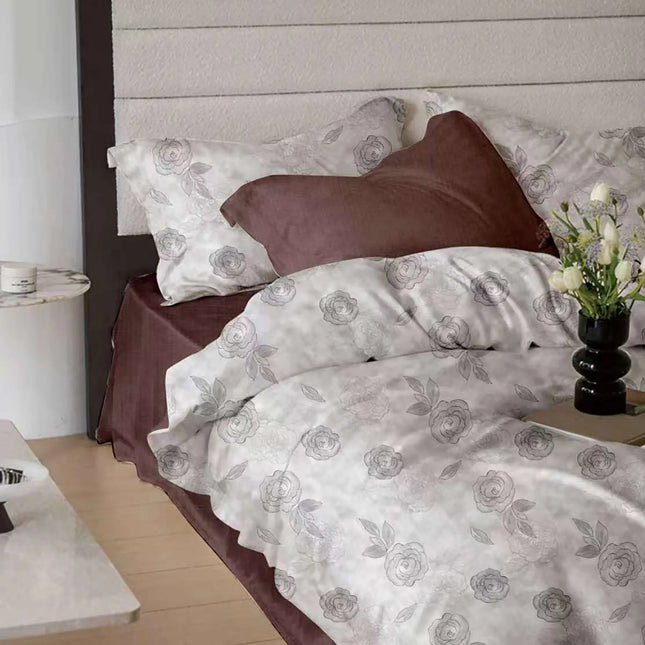 Lenjerie de pat Finet 6 piese cu husă elastic, floral alb – imagine 1
