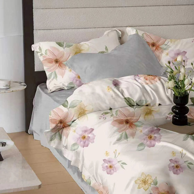 Lenjerie de pat Finet 6 piese cu husă elastic, floral alb – imagine 1