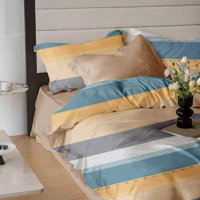 Lenjerie de pat Finet 6 piese cu husă elastic, dungi albastru – imagine 1