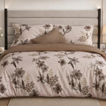 Lenjerie de pat Finet 6 piese cu husă elastic, floral bej – imagine 1