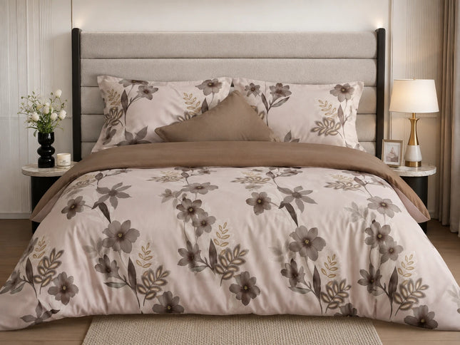 Lenjerie de pat Finet 6 piese cu husă elastic, floral bej – imagine 1