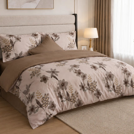 Lenjerie de pat Finet 6 piese cu husă elastic, floral bej – imagine 2