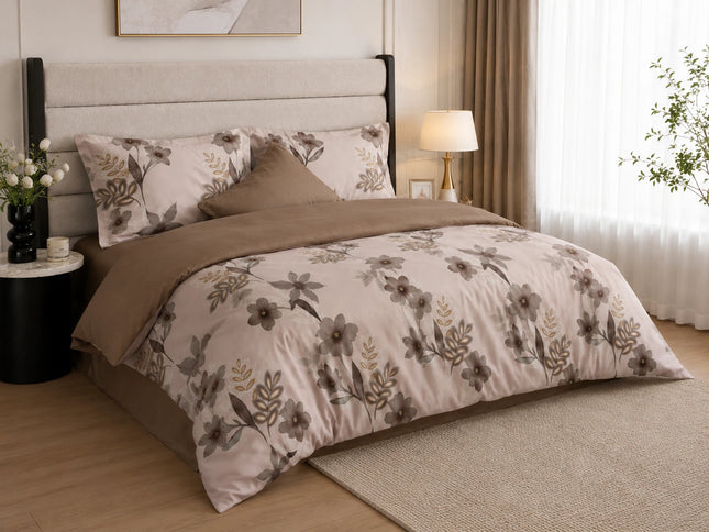 Lenjerie de pat Finet 6 piese cu husă elastic, floral bej – imagine 2