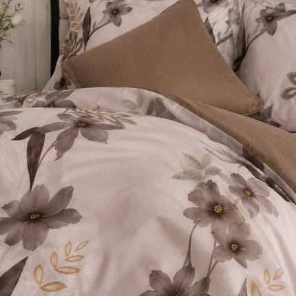 Lenjerie de pat Finet 6 piese cu husă elastic, floral bej – imagine 4