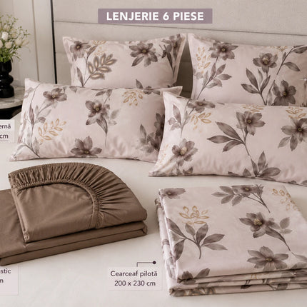 Lenjerie de pat Finet 6 piese cu husă elastic, floral bej – imagine 6
