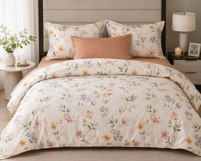 Lenjerie de pat Finet 6 piese cu husă elastic, floral alb – imagine 1