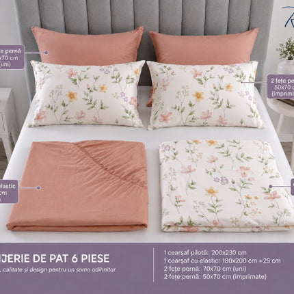 Lenjerie de pat Finet 6 piese cu husă elastic, floral alb – imagine 6