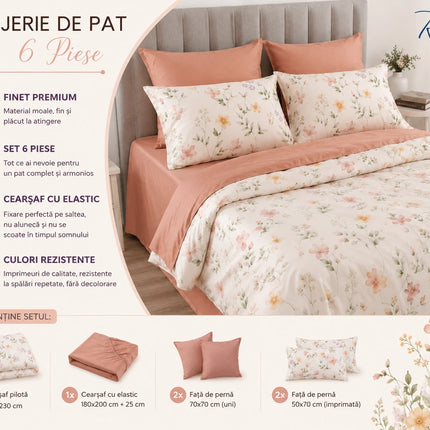 Lenjerie de pat Finet 6 piese cu husă elastic, floral alb – imagine 4